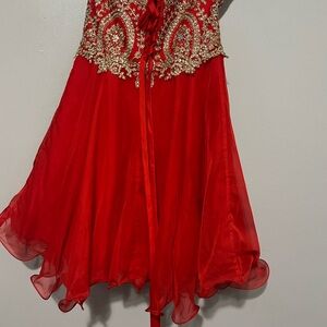 Elegant Red Mini Dress with Gold Embellishments